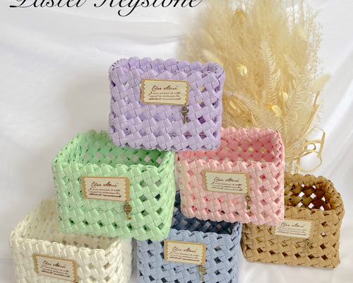 No.45 クラフトバンド ゴミ箱・小物入れ・かご・マスクケース 薄ピンクセット 0_ad7df6d01e6fb9b5caee2a8cbcab