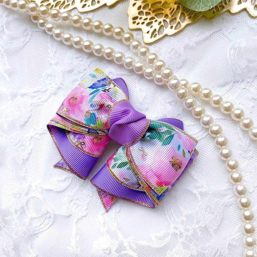 紫♡水彩フラワーの綺麗なヘアゴム/リボン/ゴールドエッジがおしゃれ  