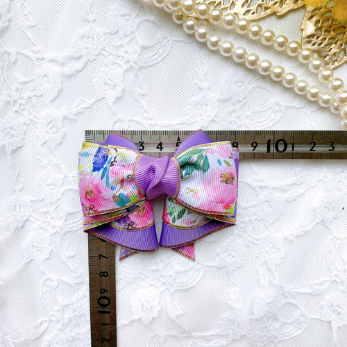 紫♡水彩フラワーの綺麗なヘアゴム/リボン/ゴールドエッジがおしゃれ  