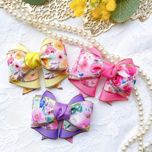 紫♡水彩フラワーの綺麗なヘアゴム/リボン/ゴールドエッジがおしゃれ  