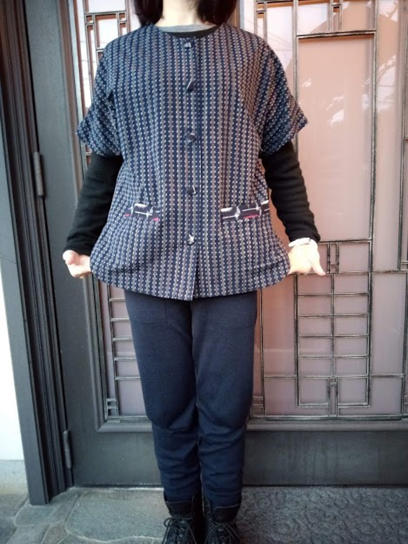 5 久留米絣「かすり」上着 半袖カーディガン 濃紺地に細かい柄  