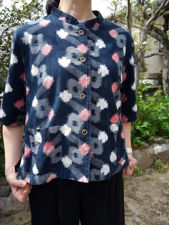 久留米絣　フレンチスリーブシャツブラウス
