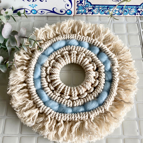 送料込》マクラメ リース 20cm インテリア ブルー ウォールデコ