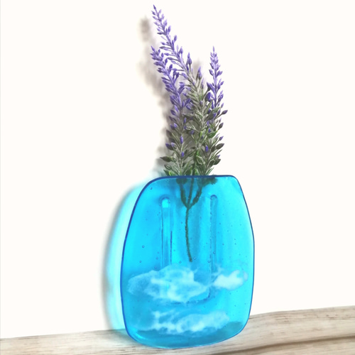 青空デザイン ガラス製壁掛け花瓶 花入れ ターコイズブルー 花器