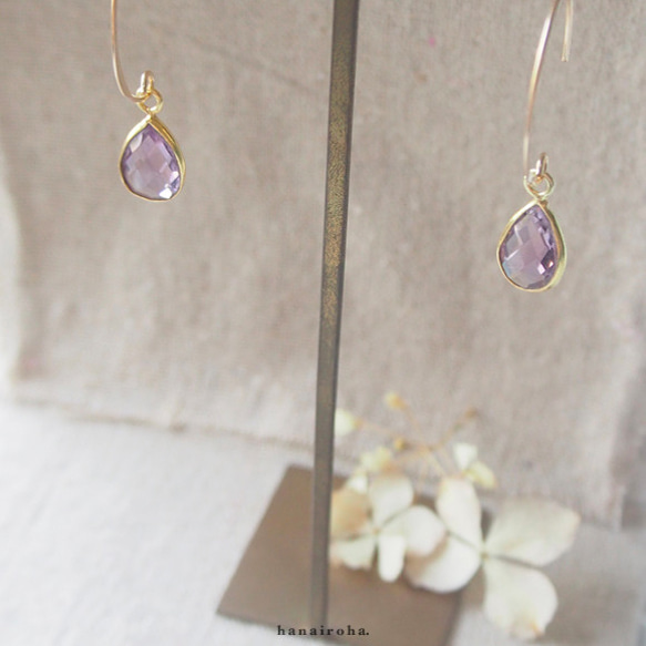 *14kfg ♢ ペアシェイプカッティングゴールドフックピアス 〜rose amethyst〜 * 3枚目の画像