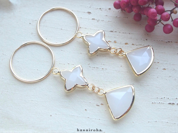 *14kgf ♢ グラスタッセル フープピアス/イヤリング ~whiteopal~ *2WAY 2枚目の画像