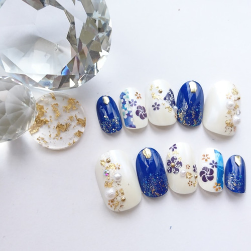 送料無料◇振袖や色打掛に◇青と金箔風ゴールドの和柄のネイルチップ  