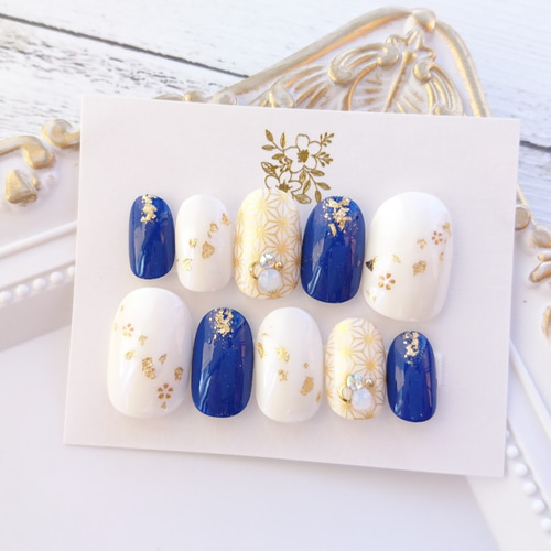 送料無料◇卒業式や袴や振袖に◇青と金箔風ゴールドと麻の葉模様の和柄