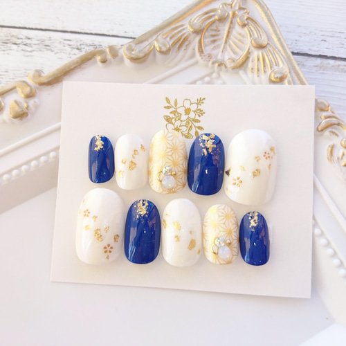 送料無料◇卒業式や袴や振袖に◇青と金箔風ゴールドと麻の葉模様の和柄