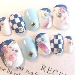 和柄♡青い市松模様のネイルチップ　ﾌﾞﾗｲﾀﾞﾙ･ｳｪﾃﾞｨﾝｸﾞにも◆744 2枚目の画像