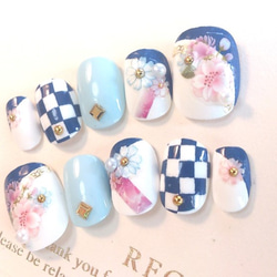 和柄♡青い市松模様のネイルチップ　ﾌﾞﾗｲﾀﾞﾙ･ｳｪﾃﾞｨﾝｸﾞにも◆744 3枚目の画像