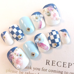 和柄♡青い市松模様のネイルチップ　ﾌﾞﾗｲﾀﾞﾙ･ｳｪﾃﾞｨﾝｸﾞにも◆744 4枚目の画像
