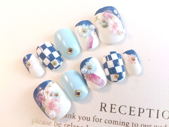 和柄♡青い市松模様のネイルチップ　ﾌﾞﾗｲﾀﾞﾙ･ｳｪﾃﾞｨﾝｸﾞにも◆744 4枚目の画像