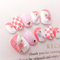和柄♡ピンクの市松模様のネイルチップ　ﾌﾞﾗｲﾀﾞﾙ･ｳｪﾃﾞｨﾝｸﾞにも◆753 2枚目の画像