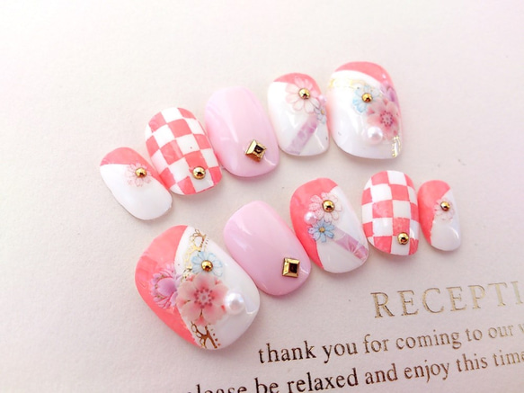 和柄♡ピンクの市松模様のネイルチップ　ﾌﾞﾗｲﾀﾞﾙ･ｳｪﾃﾞｨﾝｸﾞにも◆753 2枚目の画像