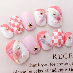 和柄♡ピンクの市松模様のネイルチップ　ﾌﾞﾗｲﾀﾞﾙ･ｳｪﾃﾞｨﾝｸﾞにも◆753 4枚目の画像