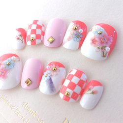 和柄♡桜ピンクの市松模様のネイルチップ　成人式、振袖、お着物にも◆759 4枚目の画像