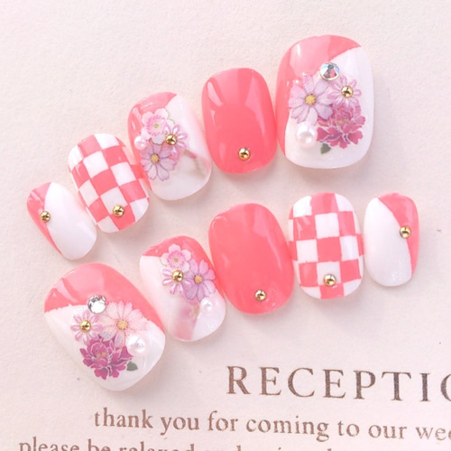 振袖、お着物に！和柄♡ピンクの市松模様のネイルチップ◇795 ネイル