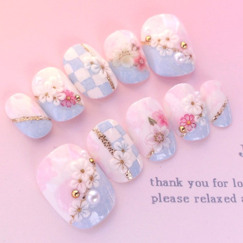 正規品♡チューリップモチーフ上下セット♡ライトピンク 和柄♪ふんわりピンクと水色♡桜模様のﾈｲﾙﾁｯﾌﾟ 振袖にもオススメ