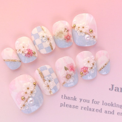 和柄♪ふんわりピンクと水色♡桜模様のﾈｲﾙﾁｯﾌﾟ 振袖にもオススメ
