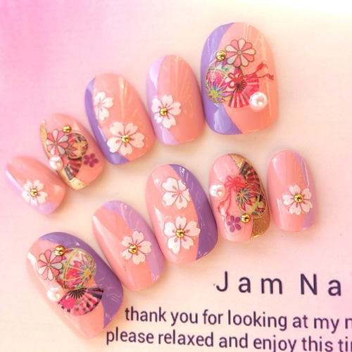 扇子と鞠♡ピンクと紫とゴールドの和柄♡古典模様のﾈｲﾙﾁｯﾌﾟ