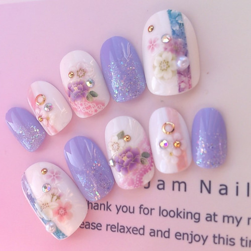 和柄♡紫とピンク、水色、白の和柄のネイルチップ♡振袖、打掛、ドレス