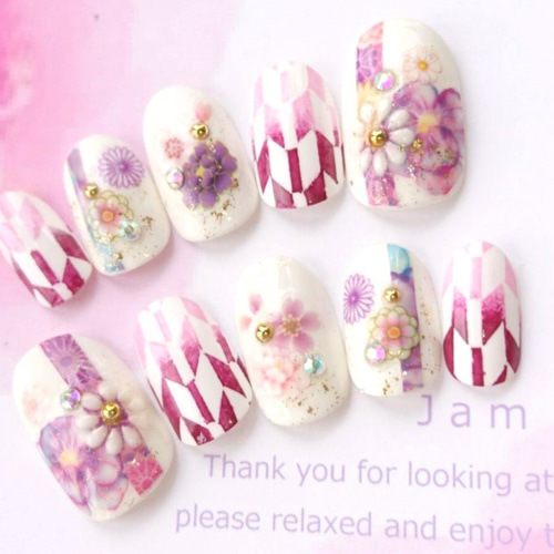 和装や振袖にオススメ♡紫のお花とえんじとピンクの矢絣柄のネイル