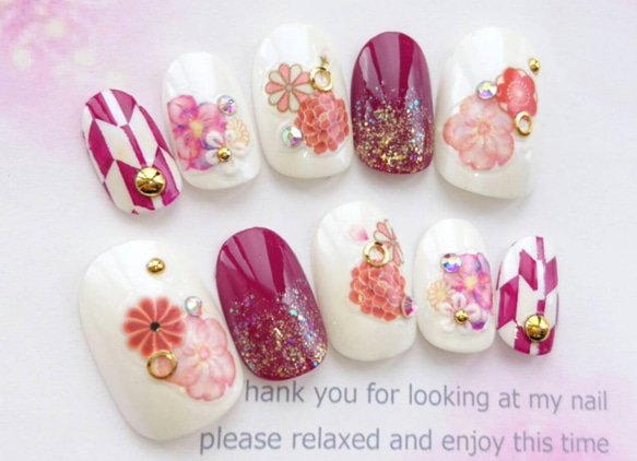 振袖や袴、卒業式にオススメも♡紫と赤いお花と矢絣模様の和柄のネイル