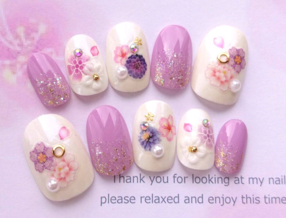 送料無料♡振袖や袴に◆紫とピンクのお花の和柄のネイルチップ♡132 3枚目の画像