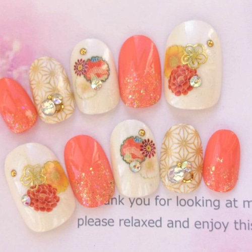 送料無料♡振袖や袴和装に◇赤と黄色のオレンジのお花とゴールドの和柄  