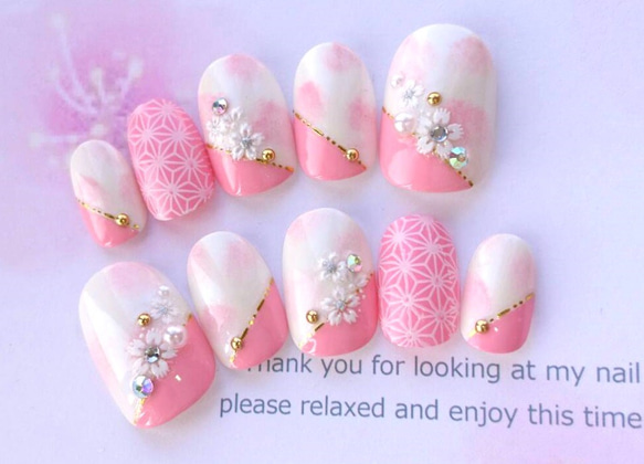 花柄クリアピンクネイルチップ5枚セット 1_16333b2c15c307ed3527e683243a