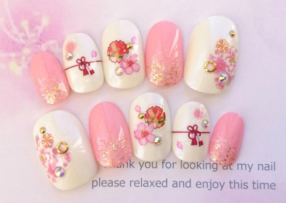 【No.016】ネイルチップ♡成人式・和柄・お花・前撮り【手数料込】 送料無料♡成人式やお正月に◇袴や和装に◇ピンクと赤と紫のお花
