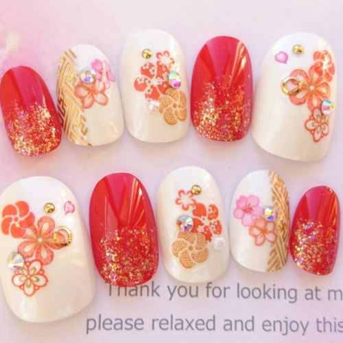 サイズオーダー成人式ネイルチップ 振袖 和装卒業式 ぷっくりフラワー