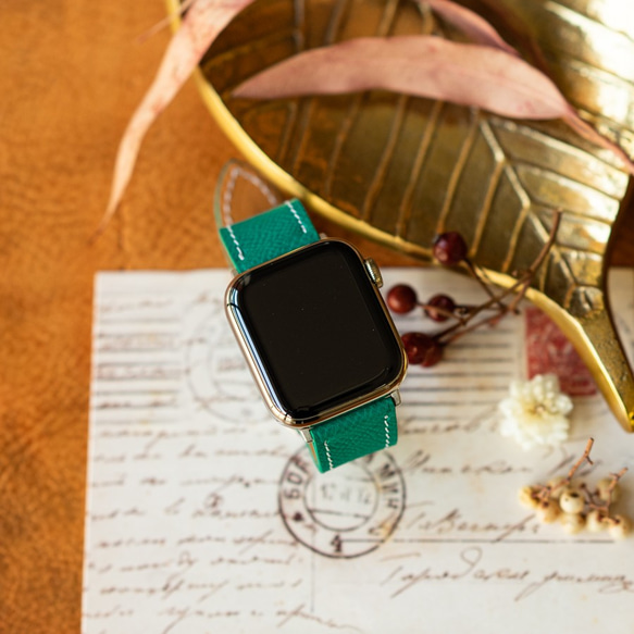 Apple Watch レザーベルト（44MM／40MM） ヴォー・エプソン/ブルーパオンxヴォー・バレニア/ゴールド 3枚目の画像