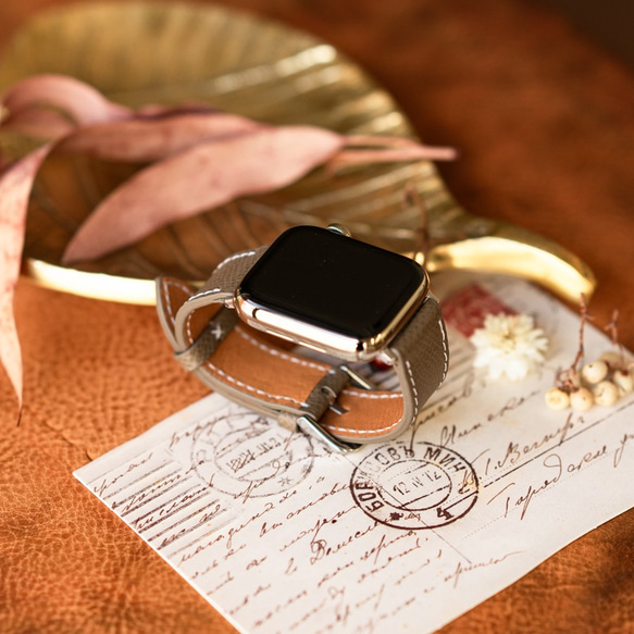 Apple Watch レザーベルト（44MM／40MM） ヴォー・エプソン/エトゥープxヴォー・バレニア/ゴールド 3枚目の画像