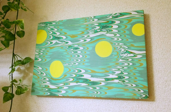 moon」水面に映るお月様のファブリックパネル⭐マーブリング染め