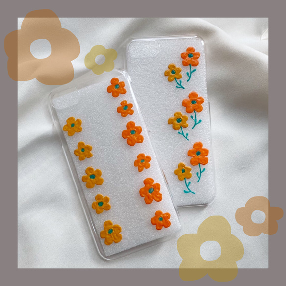 《iPhone全機種対応》レトロポップなお花のiPhoneケース(スマホケース) 花柄 レトロ クリアケース オレンジ 1枚目の画像