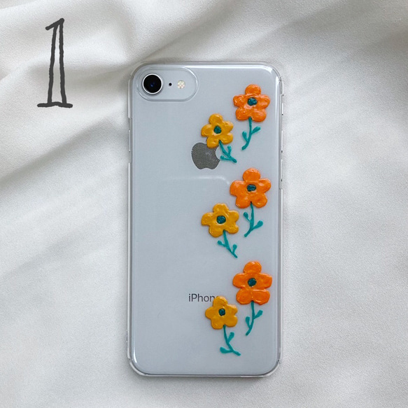 《iPhone全機種対応》レトロポップなお花のiPhoneケース(スマホケース) 花柄 レトロ クリアケース オレンジ 3枚目の画像