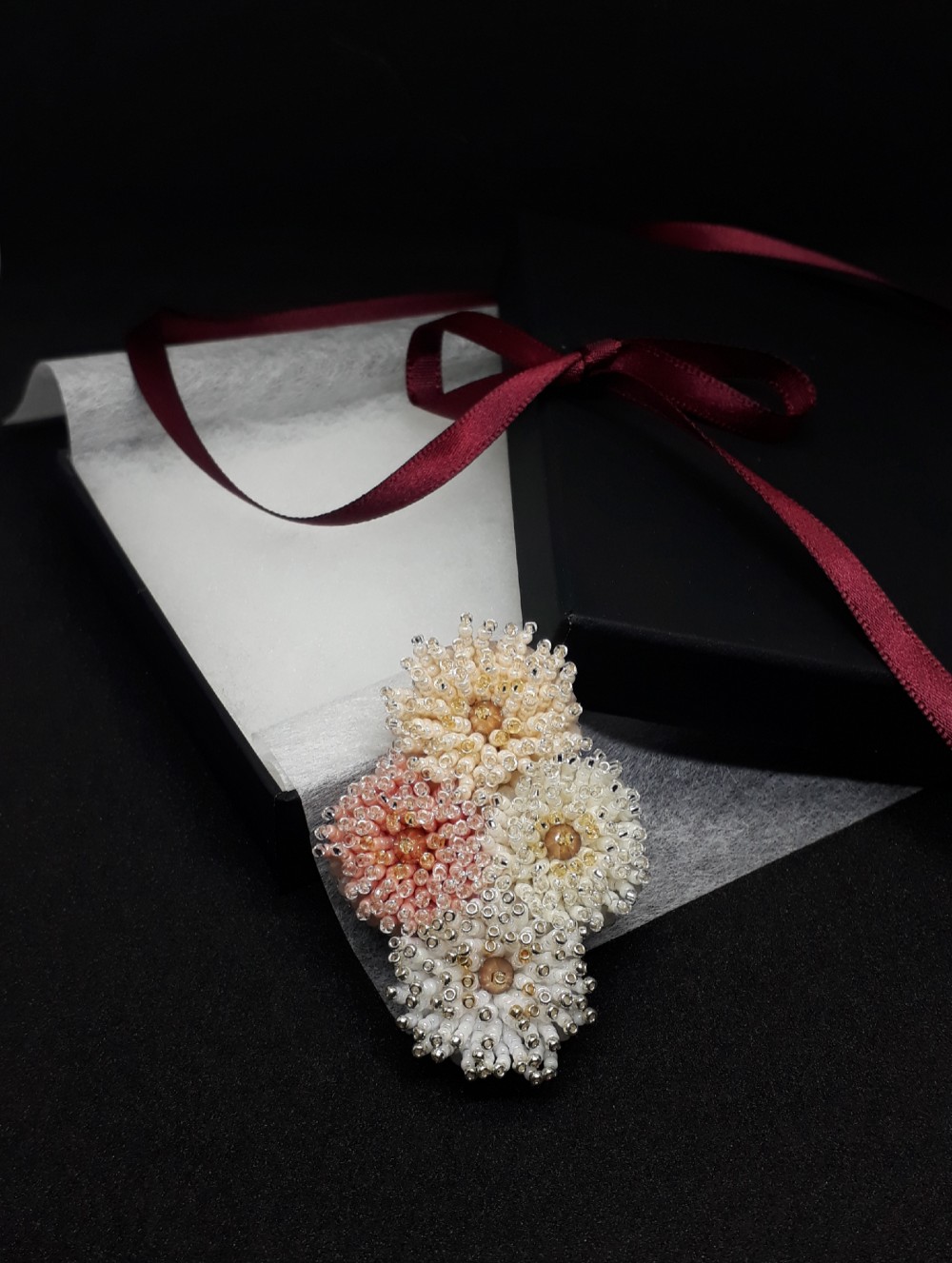 ピンクのアスター ビーズ ブローチ アクセサリー / 4.00 cm x 5.50 cm