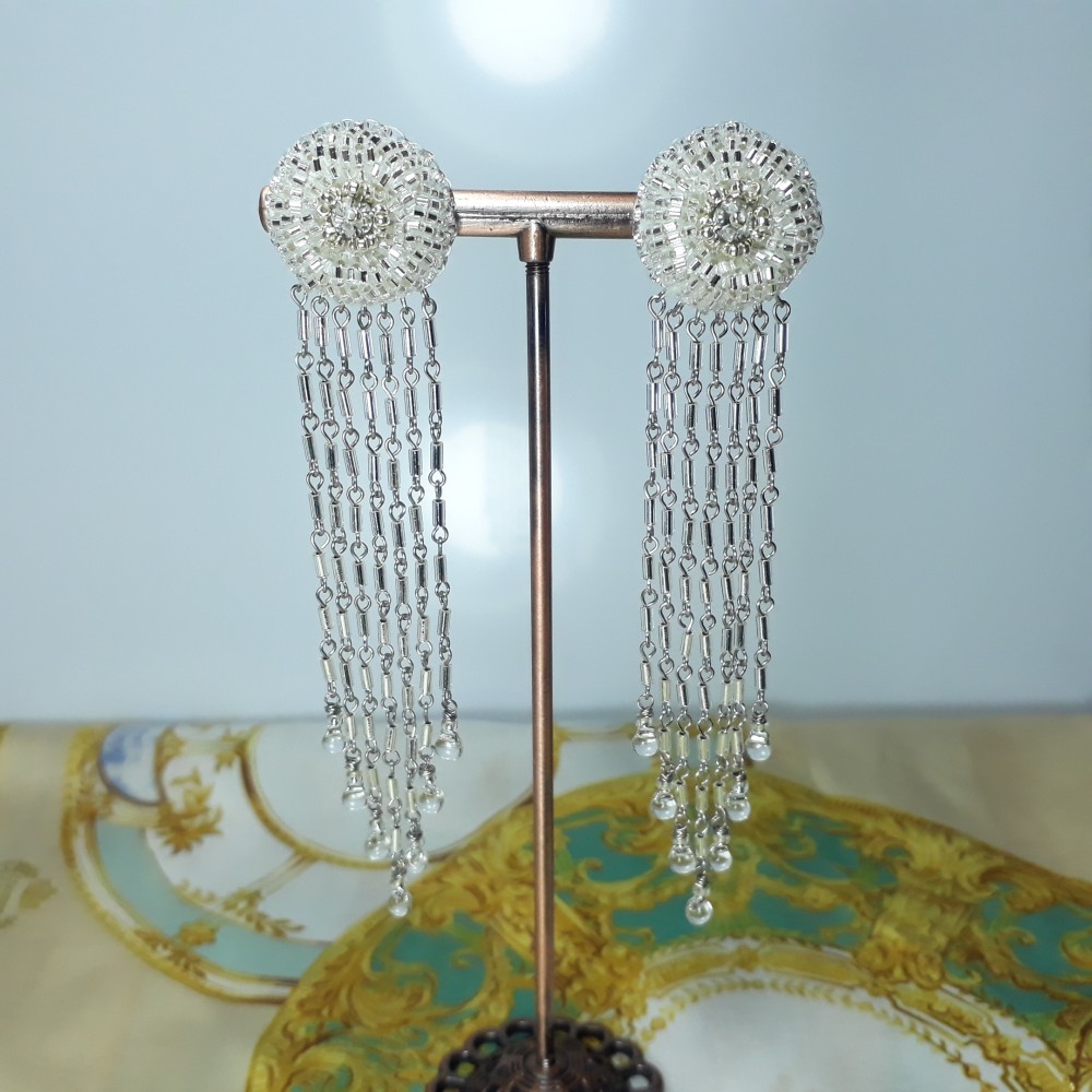 ロングシルバービーズとステンレスワイヤーイヤリングアクセサリー / 10.00 cm