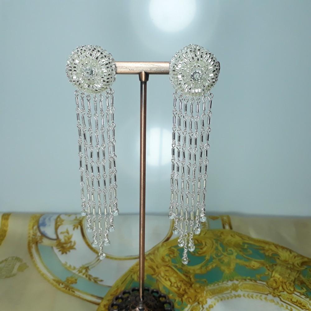 ロングシルバービーズとジュエリーワイヤーのイヤリングアクセサリー / 10.00 cm