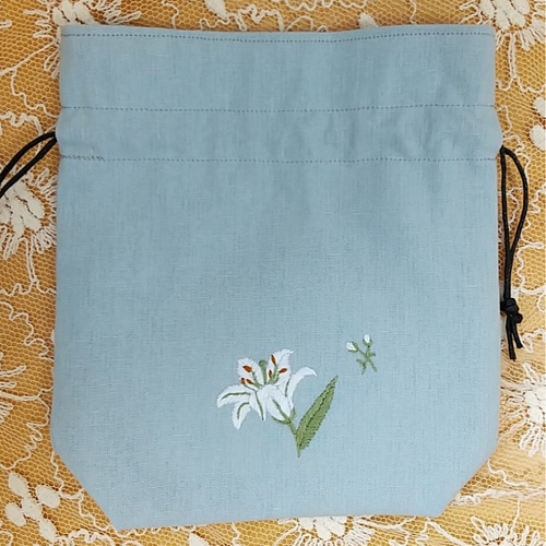 刺繍入り巾着ポーチ（百合の花） 巾着袋 ショップranpi 通販