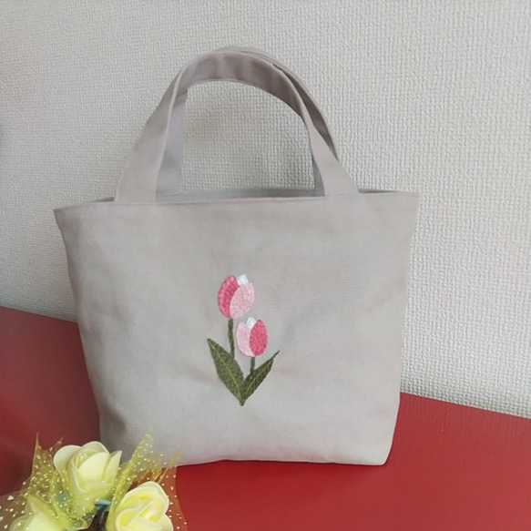 New】帆布 手縫い刺繍入りミニトートバッグ (チューリップ) トート