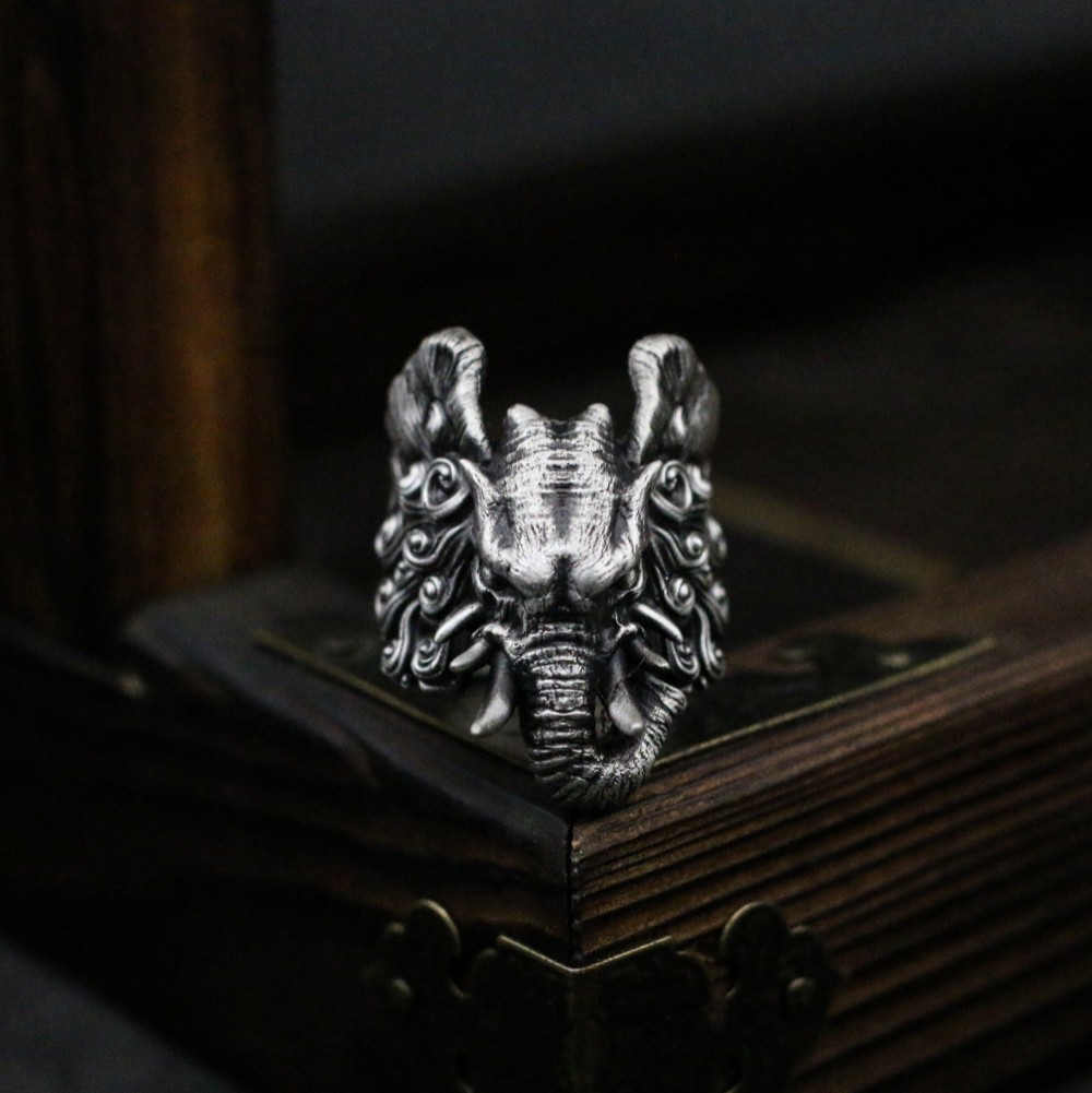 6歯の象の指輪-仏教の山のスターリングシルバーの指輪-手作り Cma091