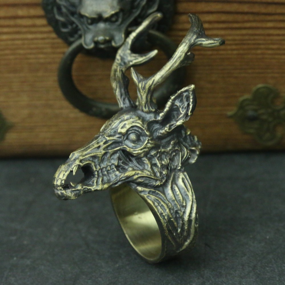 鹿の骨925シルバーリング、ブラックシルバーリング、動物の頭蓋骨、鹿の頭蓋骨リング、ゴシックダークリング