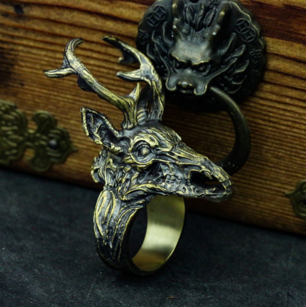 鹿の骨925シルバーリング、ブラックシルバーリング、動物の頭蓋骨、鹿の頭蓋骨リング、ゴシックダークリング