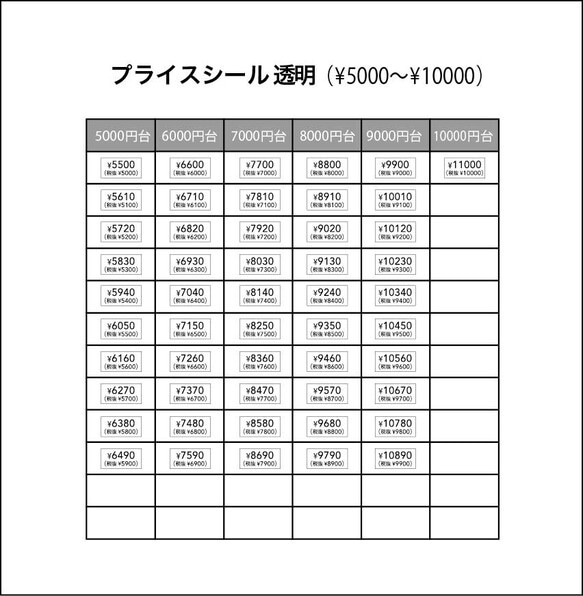 【税抜価格・税込価格 併記 プライスシール】5×10㎜  200枚（透明）¥ 50〜¥10000 10枚目の画像