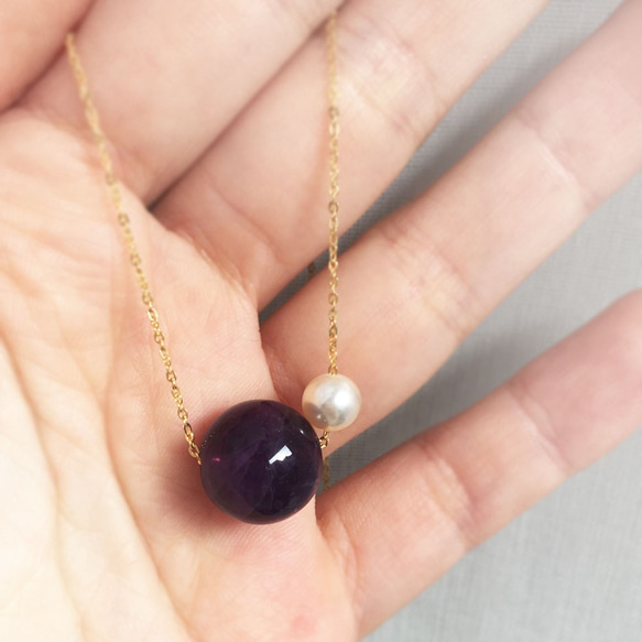 [K14gf] 大號紫水晶與 Akoya 珍珠項鍊 ~ 二月生日石 第4張的照片