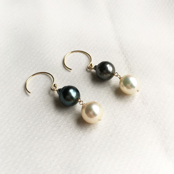 【K14GF】雙巴洛克黑蝴蝶（大溪地）珍珠和日本Akoya珍珠耳環耳環 第1張的照片