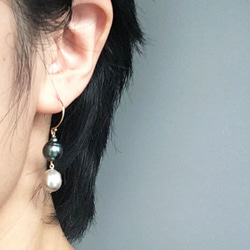 【K14GF】雙巴洛克黑蝴蝶（大溪地）珍珠和日本Akoya珍珠耳環耳環 第4張的照片